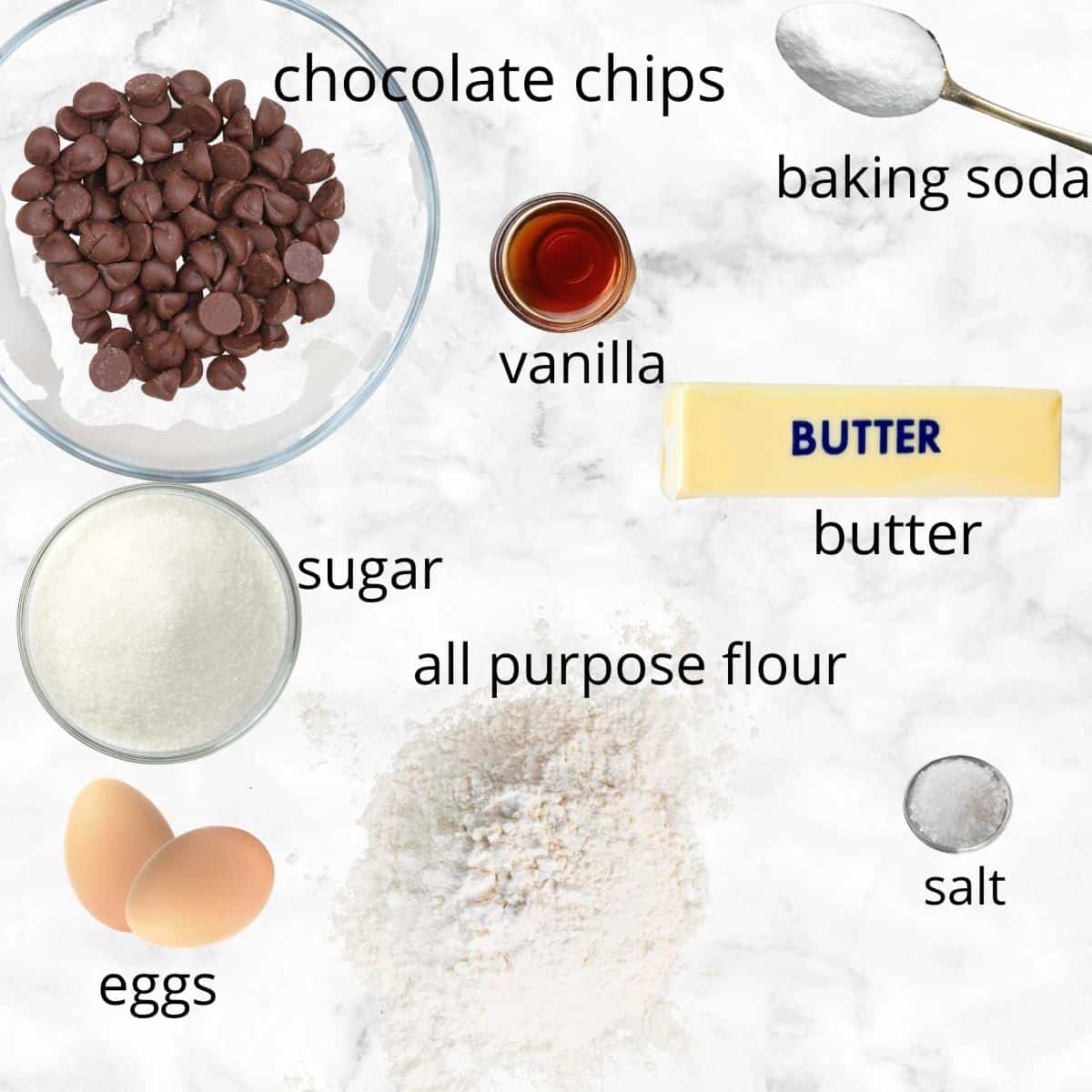 Ingredients for a recipe for chocolate chip cookies without brown sugar.