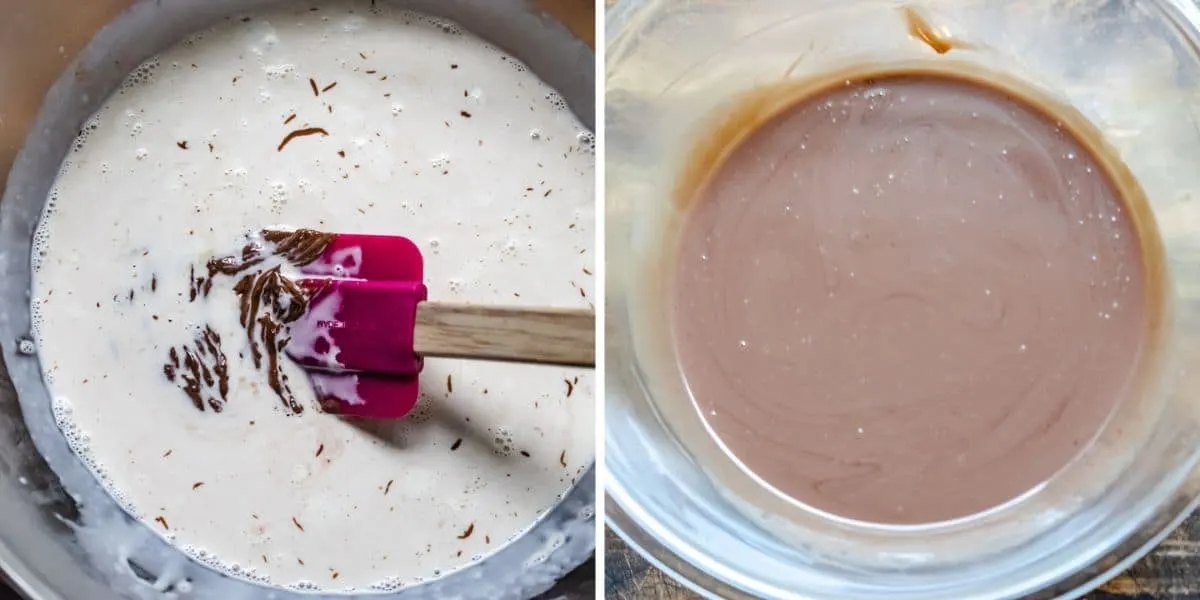 Heavy cream and chocolate chips with salt mixed up in a bowl. 