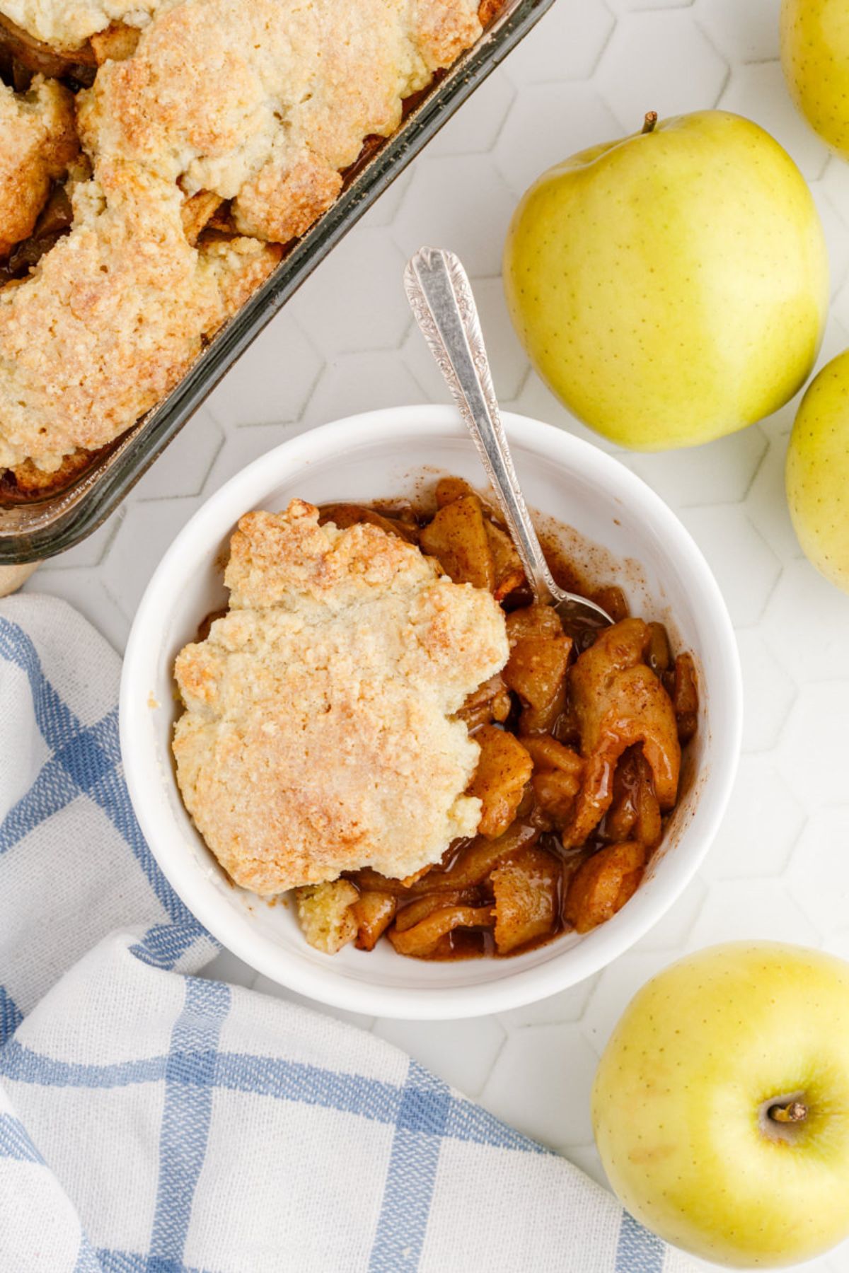 Looking down on a bowl of Apple Cobbler.