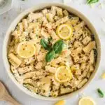 Looking down on a large serving bowl of Lemon Ricotta pasta.