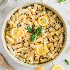 Looking down on a large serving bowl of Lemon Ricotta pasta.