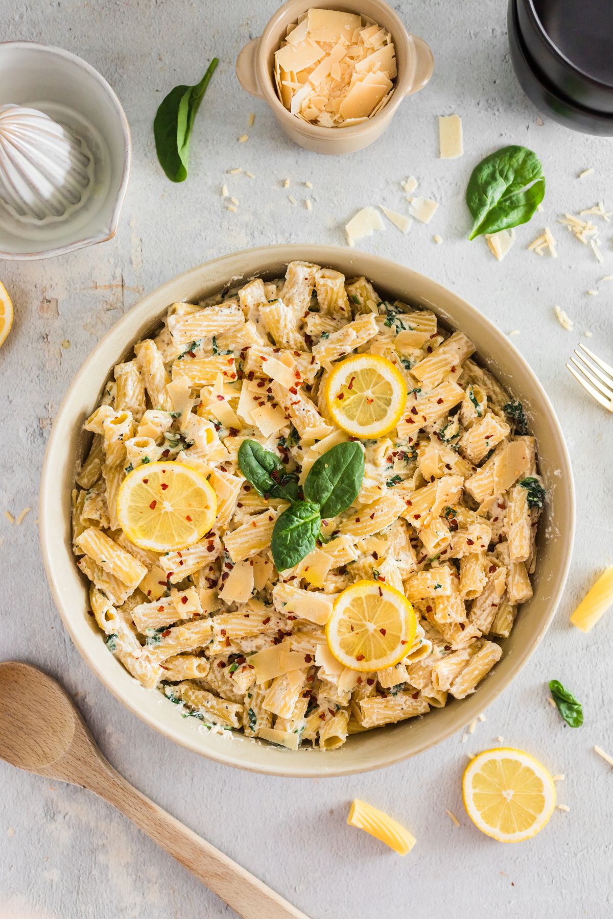 A serving dish with some Lemon Ricotta Pasta.