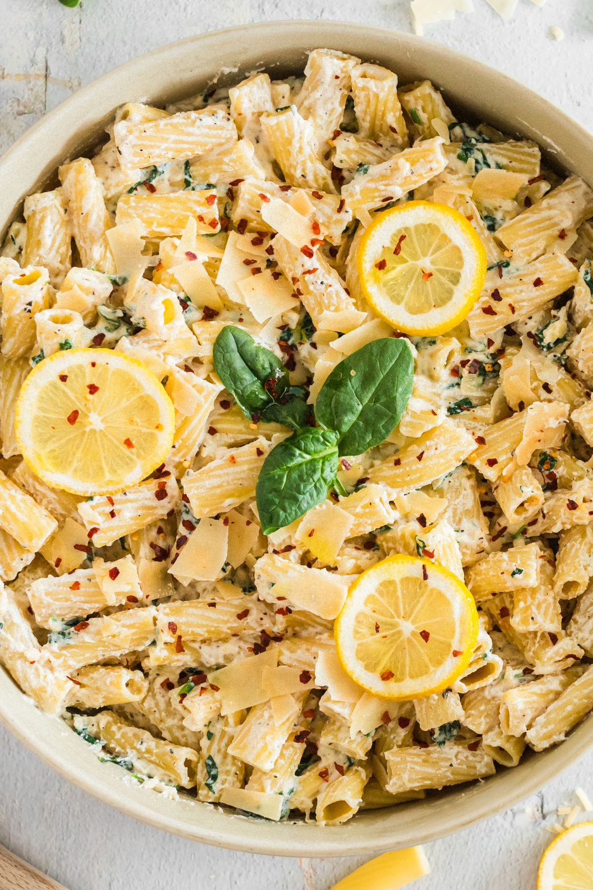 Looking down on a bowl of Lemon Ricotta Pasta.