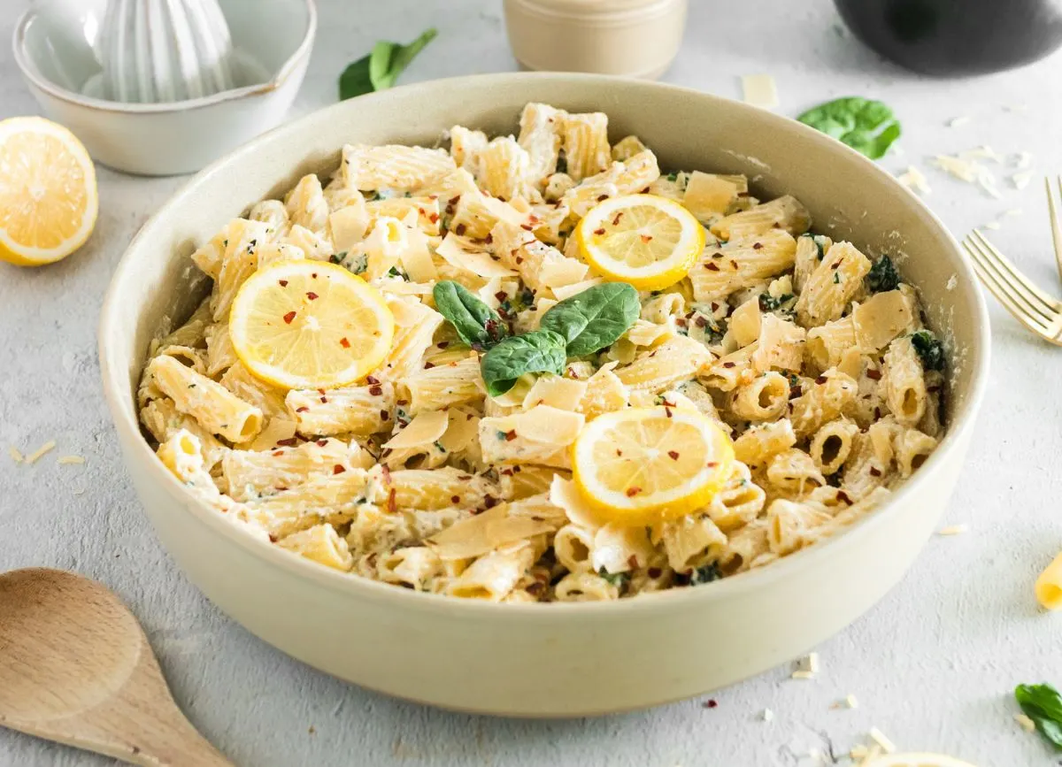 A large serving bowl of homemade Lemon Ricotta Pasta.