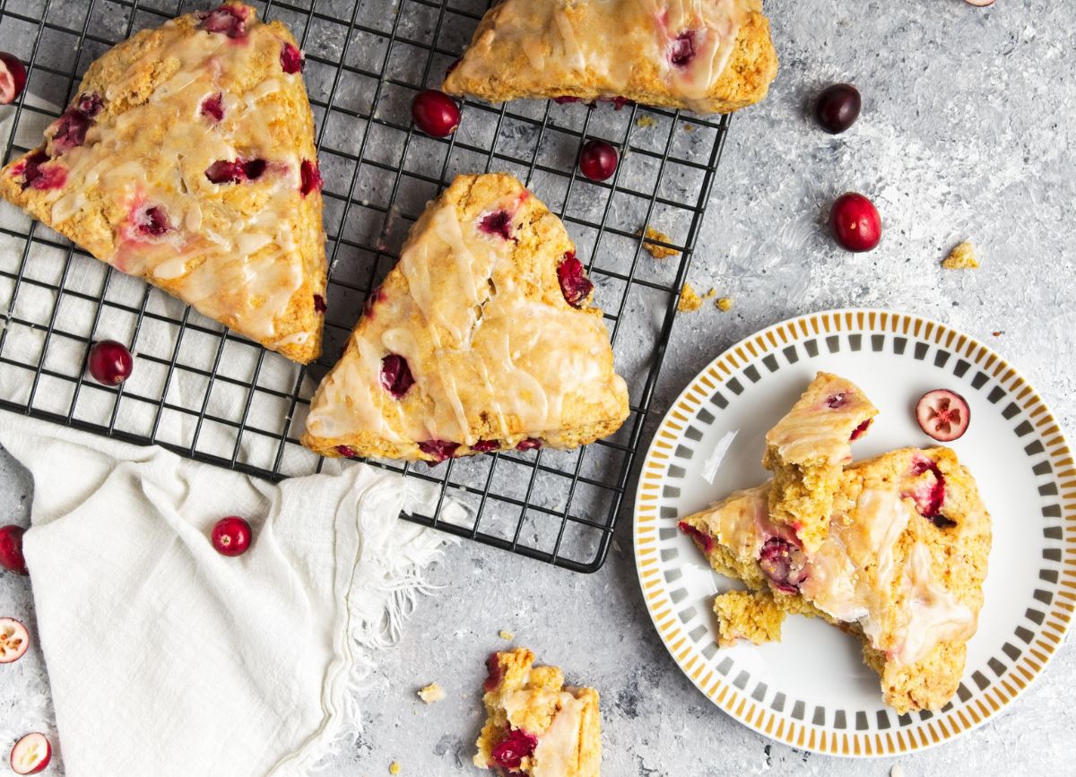 Looking down on a wire rack with some Cranberry Orange Scones.